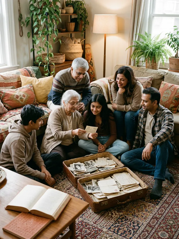 Trois générations d'une famille regardent ensemble les vieilles photos d'une valise