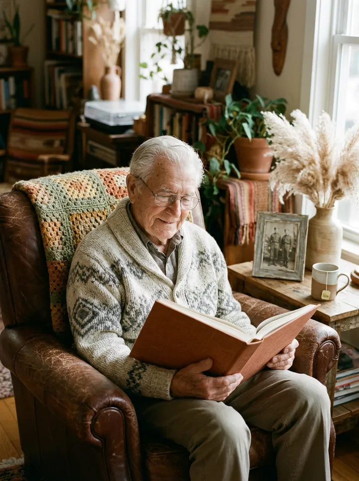 Un ancien combattant lit son livre dans son fauteuil, une photo de ses camarades posée à côté de lui